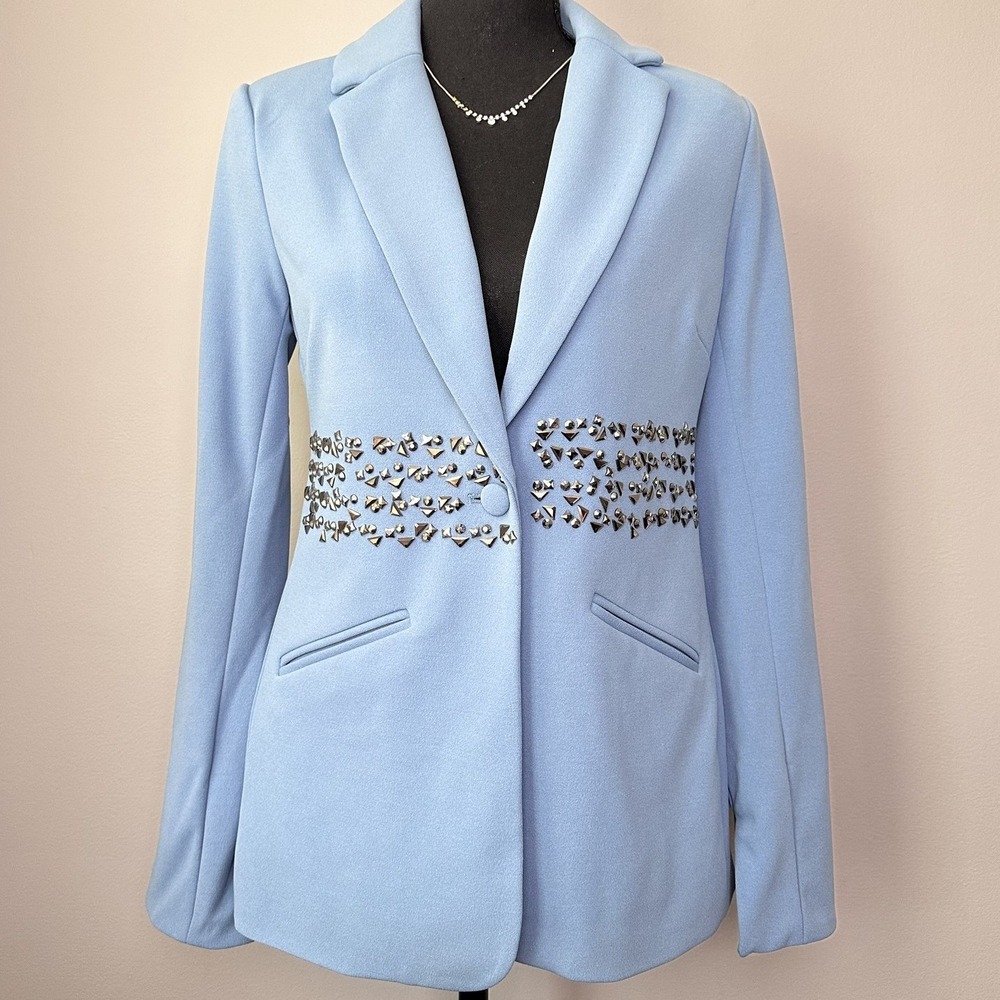 Single Button Blazer Women XXS Blue Embellished Studded Jacket Dopamine Dressing